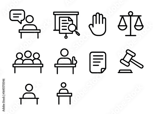 Courtroom Icons Grid. Outline icon set of courtroom procedures: opening statement, evidence presentation,