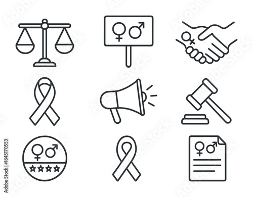 Gender Equality Icons. Outline icon set of gender equality movement: balance scales, protest sign, equality
