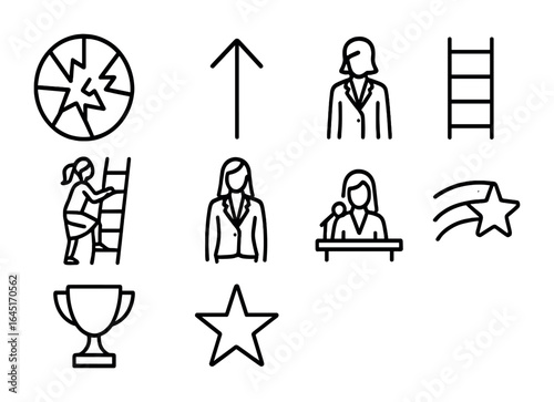 Breaking Glass Ceiling Icons. Outline icon set of breaking the glass ceiling: shattered glass, upward arrow,