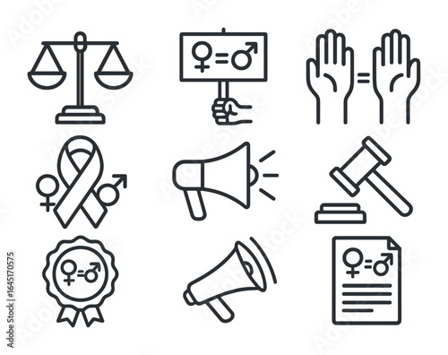 Gender Equality Icons. Outline icon set of gender equality movement: balance scales, protest sign, equality