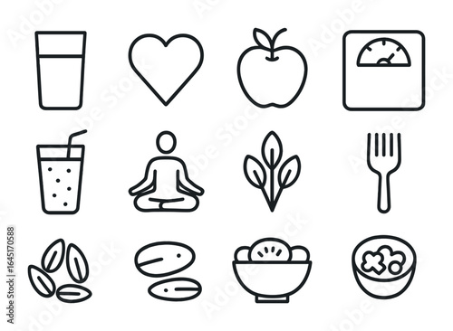 Healthy Living Icons. Outline icon set of healthy eating: water glass, heart symbol, apple, measuring scale,