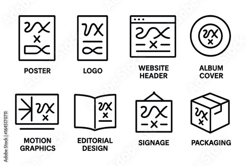Experimental Font Icon Set. Outline icon set of experimental font applications: poster design, logo type,