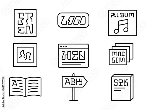 Experimental Font Icon Set. Outline icon set of experimental font applications: poster design, logo type,