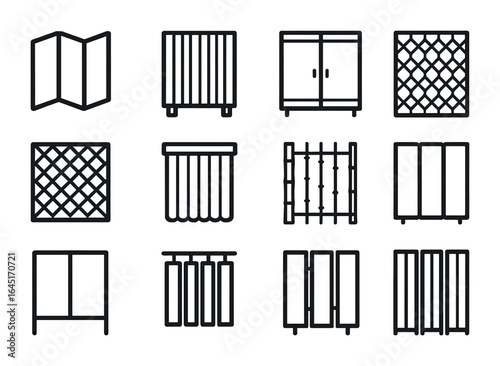 Room Divider Icons. Outline icon set of room divider screen: folding screen, wooden panel, sliding door,