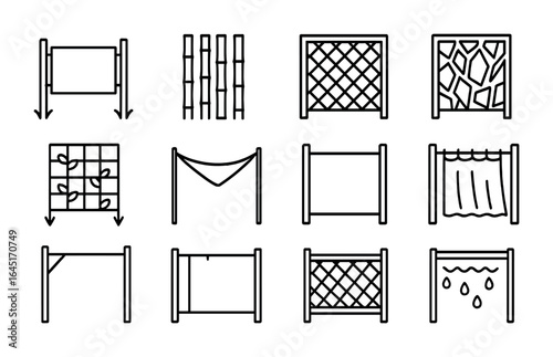 Outdoor Privacy Screen Icons. Outline icon set of outdoor privacy screens: garden divider, bamboo fence,
