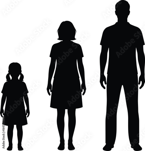 PrintFamily silhouette, child, woman, man, age progression, generational height, standing figures, black and white, human outline, family unity, growth stages, vector illustration