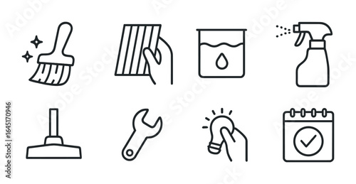 Maintenance Icons Grid. Outline icon set of maintenance and cleaning: brush cleaning, filter replacement,