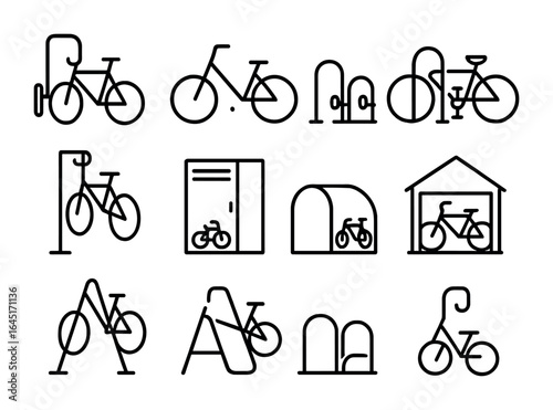 Bike Parking Icons. Outline icon set of bike parking types: wall mount, floor stand, rack with locks, vertical