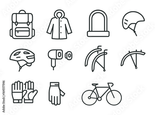 Bike Commuter Essentials. Outline icon set of bike commuter essentials: backpack, raincoat, lock, helmet,