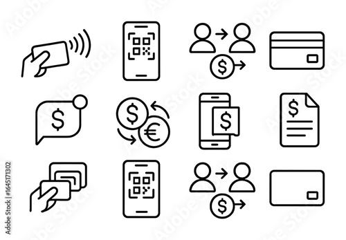 Digital Payment Icons. Outline icon set of digital payments and transfers: contactless payment, QR code scan,