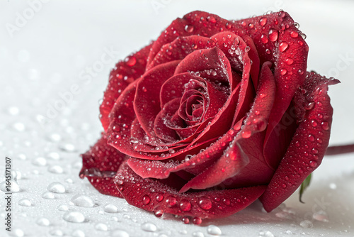 Single Red Rose with Dewdrops on White Background