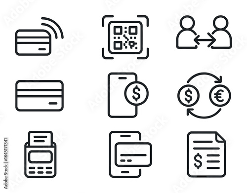 Digital Payment Icons. Outline icon set of digital payments and transfers: contactless payment, QR code scan,