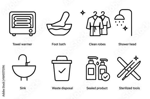 Spa Hygiene Icons. Outline icon set of spa cleanliness protocols: towel warmer, foot bath sanitizer, clean