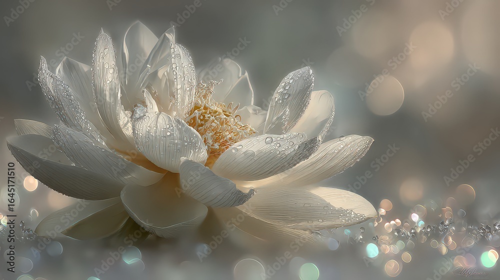 Fototapeta premium Closeup Delicate White Lotus Flower With Dewdrops