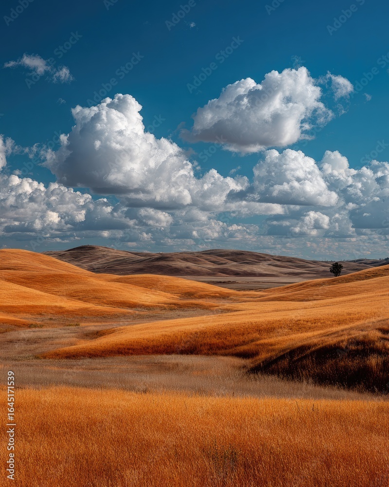 Obraz premium Golden hills under a vibrant blue sky. Vast, rolling, ochre-toned hills stretch into the distance under a cerulean sky dotted with puffy white clouds. Sunlight bathes the landscape in warm hues