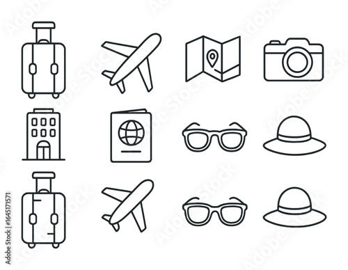 Travel Adventure Icons. Outline icon set of travel and adventures: suitcase, airplane, map, camera, hotel