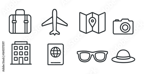 Travel Adventure Icons. Outline icon set of travel and adventures: suitcase, airplane, map, camera, hotel
