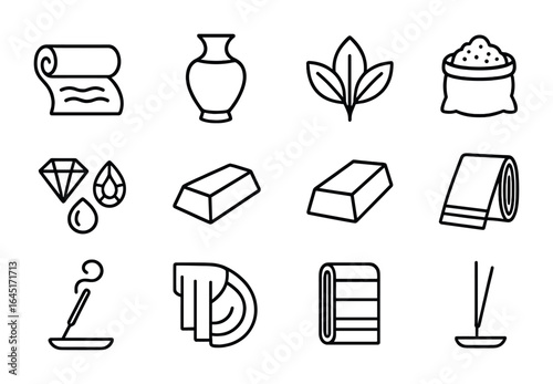 Silk Road Trade Icons. Outline icon set of Silk Road trade goods: silk roll, porcelain vase, tea leaf, spice