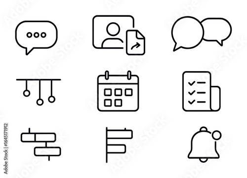 Collaboration Icon Set. Outline icon set of collaboration and communication: chat bubble, video call, file