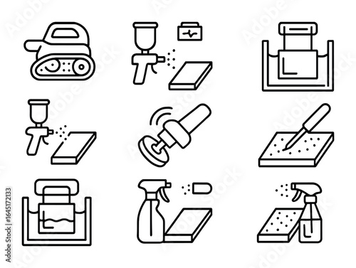 Metal Finishing Icons. Outline icon set of metal finishing techniques: sanding, painting, anodizing, powder