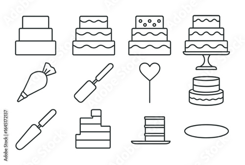 Layered Cake Icon Set. Outline icon set of layered cake design: cake tiers, frosting layers, decorations, cake