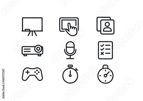 Interactive Teaching Tools Icons. Outline icon set of interactive teaching tools: whiteboard, touchscreen,