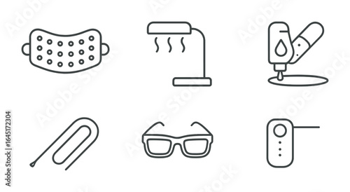 Phototherapy Icon Grid. Outline vector icons of phototherapy and light-responsive materials: LED patch, UV