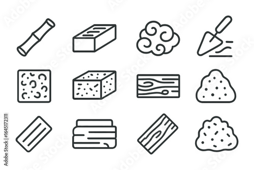 Natural Materials Icons. Outline vector icons of natural building materials: bamboo pole, clay brick, sheep