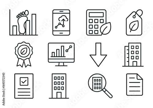 Carbon Accounting Icons. Outline vector icons of carbon accounting in buildings: carbon footprint chart,