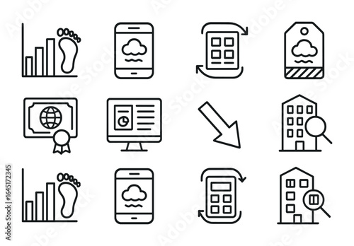 Carbon Accounting Icons. Outline vector icons of carbon accounting in buildings: carbon footprint chart,