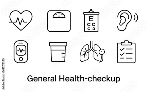 Health Check-Up Icons. Outline vector icons of general health check-up: heart rate monitor, weight scale,