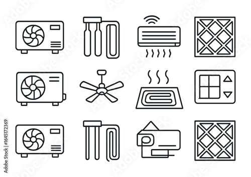 Energy-efficient HVAC Icons. Outline vector icons of energy-efficient HVAC systems: mini-split unit,