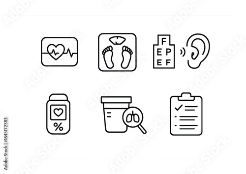 Health Check-Up Icons. Outline vector icons of general health check-up: heart rate monitor, weight scale,