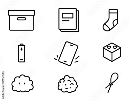 Decluttering Icons Grid. Outline vector icons of decluttering under furniture: storage box, old magazine, lost