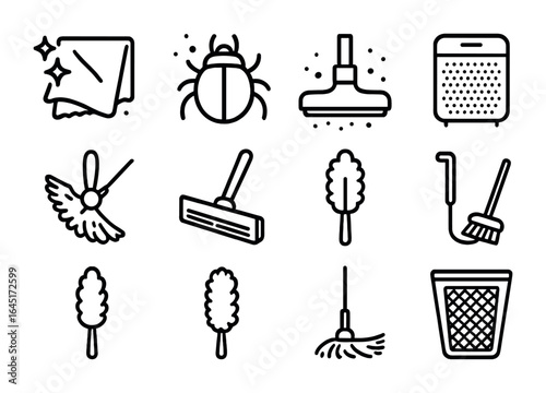 Household Dust Icon Grid. Outline vector icons of household dust removal: microfiber cloth, dust mite icon,