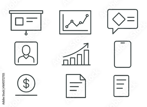 Investor Pitch Icons. Outline vector icons of investor pitch materials: presentation slide, market graph,