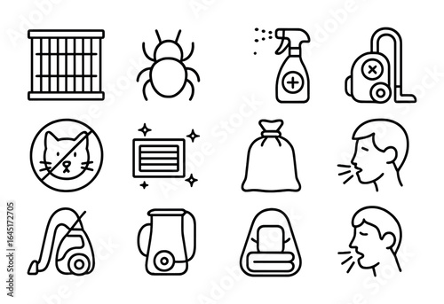 Allergen Control Icons. Outline vector icons of allergen control in home: HEPA filter, dust mite, anti-allergy