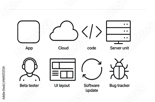Tech Startup Icons. Outline vector icons of tech startup elements: app icon, cloud platform, code brackets,