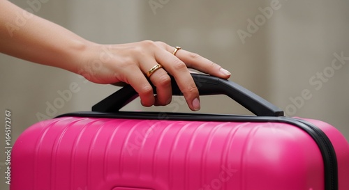 Close-up of a Hand with Rings Holding a Bright Pink Suitcase Handle, Indicating Travel or Journey, Modern Lifestyle
