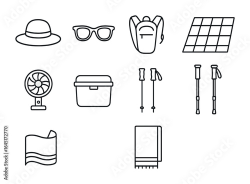 Summer Essentials Icons. Outline vector icons of summer outdoor essentials: sun hat, sunglasses, hydration