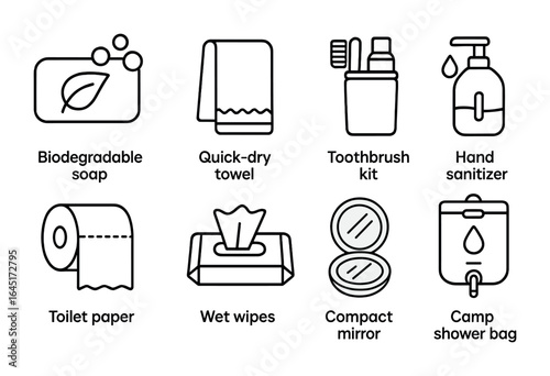 Camp Hygiene Essentials Icons. Outline vector icons of camp hygiene supplies: biodegradable soap, quick-dry