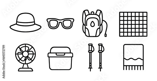 Summer Essentials Icons. Outline vector icons of summer outdoor essentials: sun hat, sunglasses, hydration