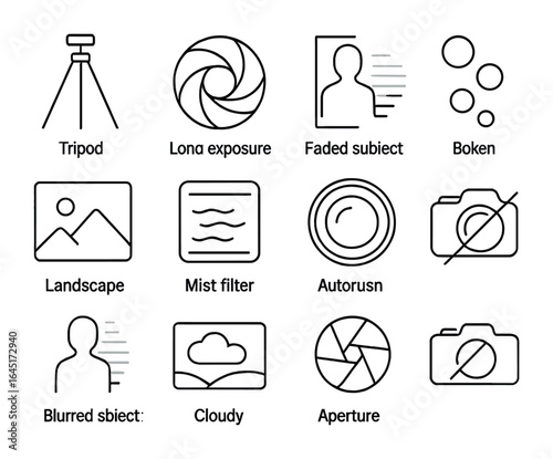 Fog Photography Icons. Outline vector icons of fog photography themes: tripod silhouette, long exposure icon,
