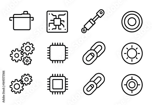 Robot Parts Icons. Outline vector icons of robot parts and components: servo motor, circuit board, hydraulic