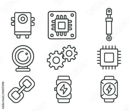 Robot Parts Icons. Outline vector icons of robot parts and components: servo motor, circuit board, hydraulic