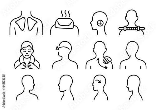 Neck Massage Icons Grid. Outline vector icons of neck and shoulder self-massage: muscle diagram, heat pad,