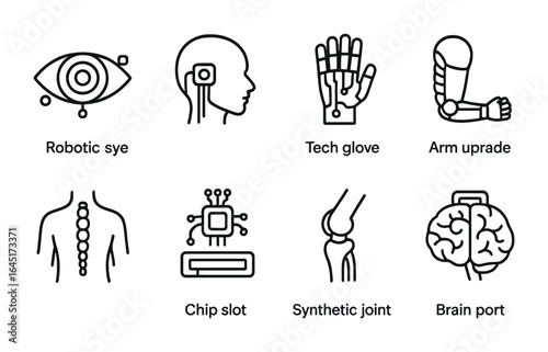 Cybernetic Enhancement Icons. Outline vector icons of cybernetic enhancements: robotic eye, neural implant,
