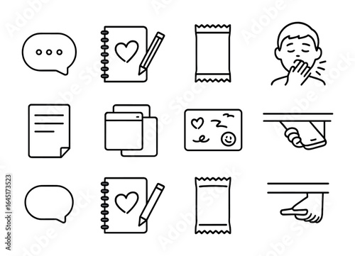 Student Multitasking Icons. Outline vector icons of student multitasking during class: texting bubble, side