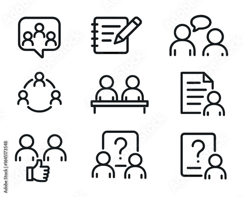 Academic Collaboration Icons. Outline vector icons of academic collaboration in lectures: group chat, shared
