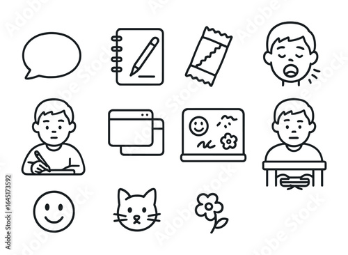 Student Multitasking Icons. Outline vector icons of student multitasking during class: texting bubble, side